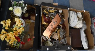 Three Boxes Containing Ceramics and Glass, Cutlery and Copper Tray etc