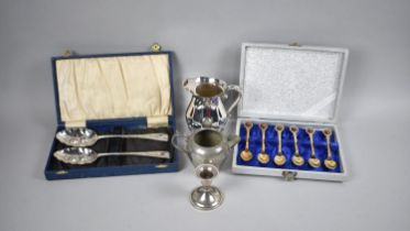 A Small Collection of Silver plate to include Pair of Berry Spoons, Silver Plate Jug, Cased Set of