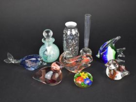 A Collection of Various Coloured Glass to Comprise Caithness Perfume Bottle, Paperweights etc