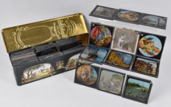 A Tin Containing Collection of Coloured Magic Lantern Slides, Various Subjects