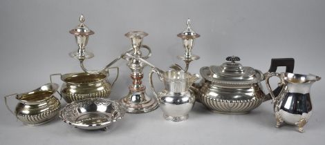 A Collection of Silver Plate to include Three Piece Tea Service, Three Branch Candelabra, Jugs Etc