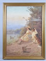 A Large Framed Edwardian Coloured Print, Seated Milk Maid with Bucket of Milk and Dog, After