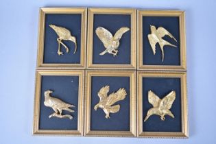 A Set of Six Gilt Bronze Relief Studies of Birds, 11.5x8.5cms Overall