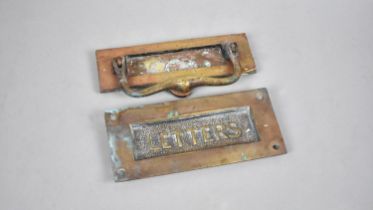 Two Vintage Brass Door Letter Flaps, One with Knocker, the Other Inscribed "Letters", 18cms Wide