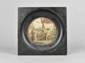 An Ebonized Framed Printed Miniature Depicting Three Cherubs at Anvil, 16cms Square