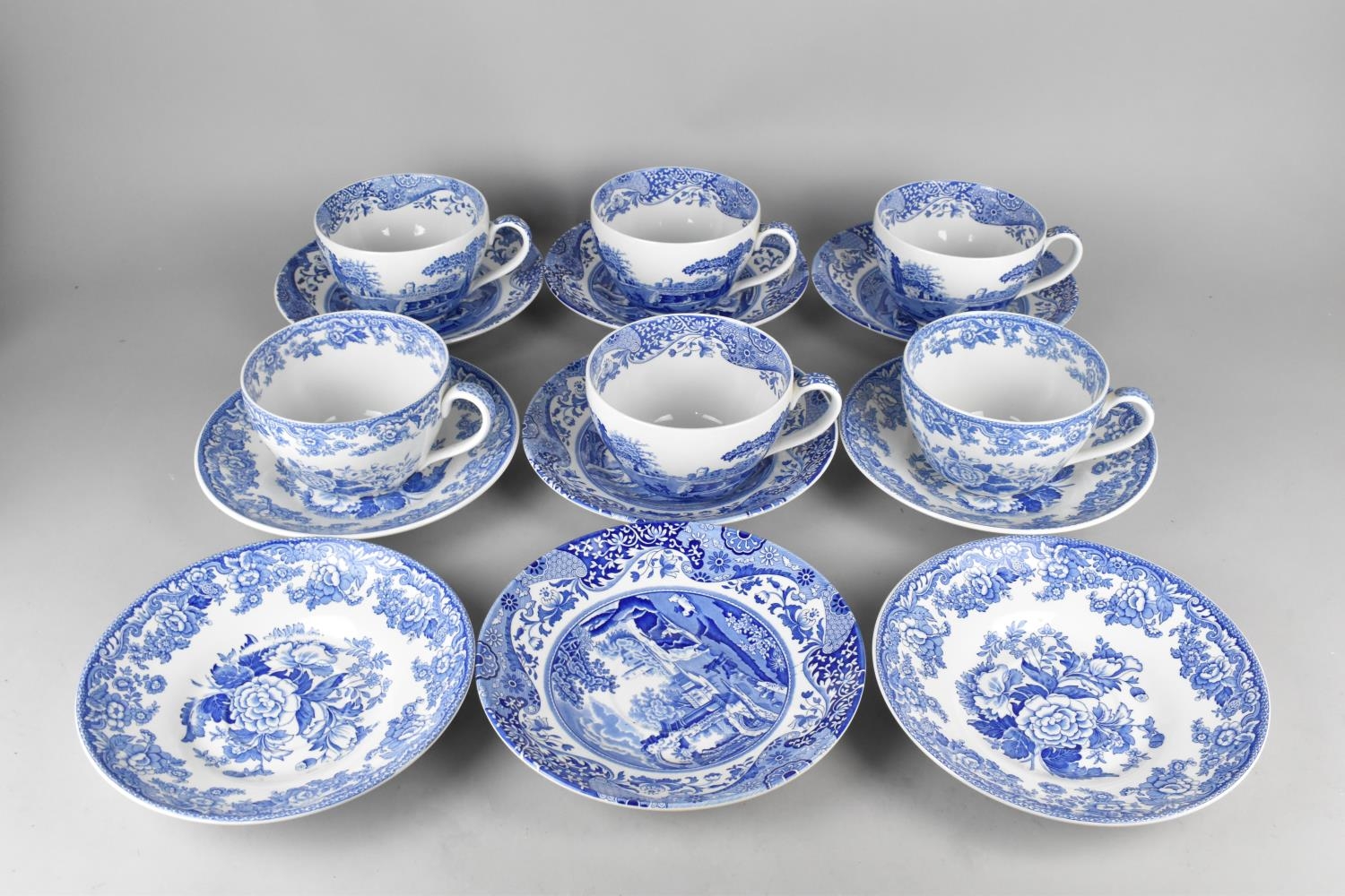 A Set of Large Spode 'The Spode Blue Room Collection' Cups and Saucers, British Flowers and Blue