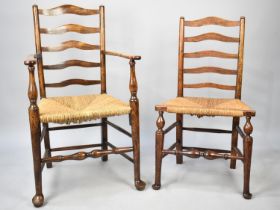 A Set of Six Modern Rush Seated Ladder Back Chairs to Include One Carver