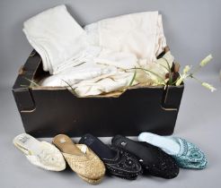 A Collection of Various Table Linens, Ladies Slippers, Embroidery Etc