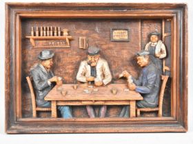 A French Carved Wooden Panel Depicting Gents Playing Cards, 38x27cms