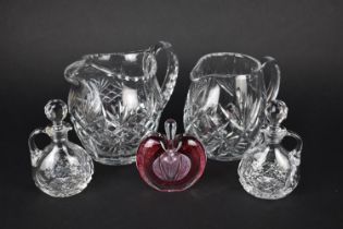 A Small Collection of Glass to Comprise Cut Glass Jugs, Decanter Jugs and a Glass Ornament in the