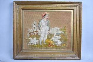 A Gilt Framed Tapestry Depicting Boy with Geese, 32x25cms