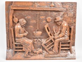 A Carved French Wooden Panel Depicting Interior Scene, Signed CA Moran, 42x33cms