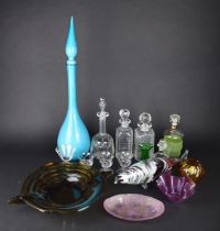 A Collection of Various Coloured and Plain Glass to Comprise Large Blue Opaque Glass Bottle and