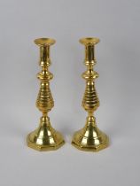 A Pair of Victorian Brass Candlesticks, with Pushers, 30.5cms High, In Need of Some Attention