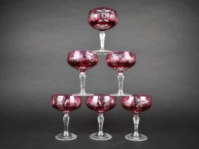 A Set of Six Cranberry Glass Overlaid Coupe Glasses, 13.5cm high