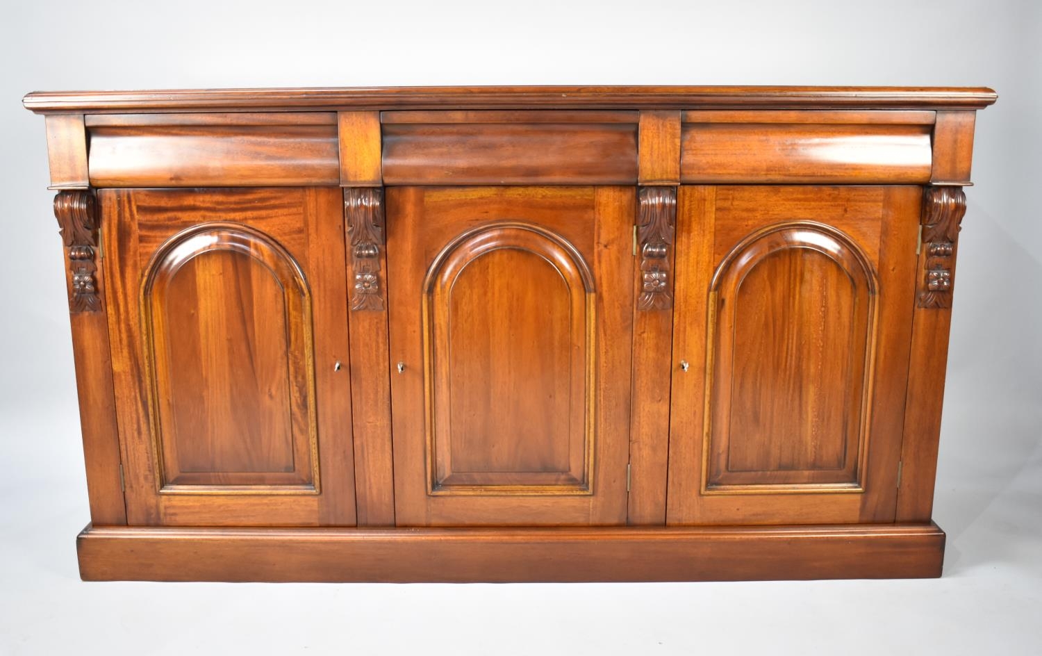 A Victorian Style Mahogany Three Drawer Sideboard by Connoisseur of Shrewsbury, with Three Keys
