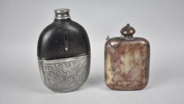 Two Vintage Hip Flasks, One with Silver Plate Cup Base and Leather Top, other Metal With Screw Top