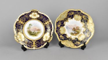 Two Coalport Cabinet Plates with Hand Painted Loch Scenes within Cobalt Blue and Relief Work Gilt