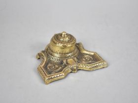 A Late 19th Century Brass Desktop Inkwell and Pen Stand, Ceramic Liner by Sandford, 11cms Wide