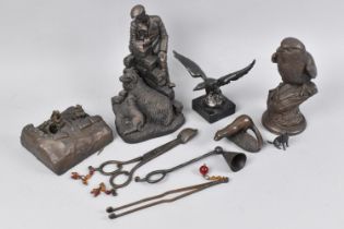 A Miniature Bronze Study of Seated Dog with Lead in Mouth, a Bronze Effect Metal Seagull with