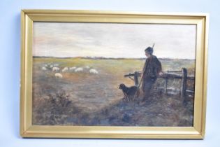 A 19th Century Oil on Canvas Depicting Shepherd, Sheep Dog and Sheep, Small Puncture Hole to Canvas,