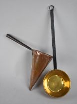 A 19th Century Conical Copper Ale Warmer with Metal Handle and a Brass Ale Warmer with Iron Handle
