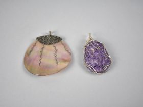 Two White Metal Mounted Pendants, Circular Mother of Pearl and Charoite Stone Example Both with