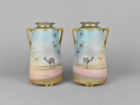 A Pair of Noritake Hand Painted Vases Depicting Egyptian/Moroccan Dessert Scenes with Camels and