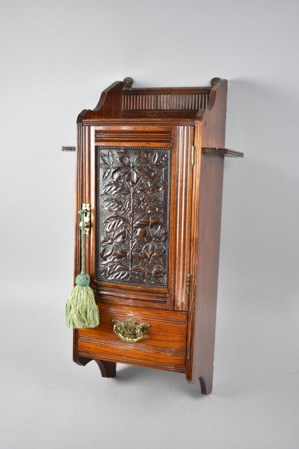 An Edwardian Oak Wall Hanging Smokers Cabinet, Base Drawer with Brass Drop Handles Under Panelled