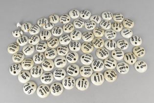 A Large Collection of Circular White Ceramic Numerical Tags, 4cms Diameter, Some Condition Issues