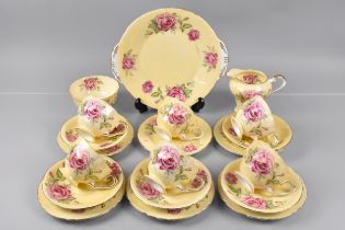 An Aynsley Tea Set Decorated with Pink Roses on Yellow Ground to Comprise Cake Plate, Milk Jug,