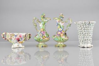 A Collection of 18th/19th Century English Encrusted Porcelain, comprising a Pair of Flower-Encrusted