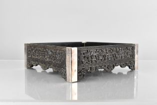 A Chinese Qing Dynasty Hardwood Silver Mounted Galleried Scholars Tray of Square form, The Sides