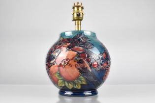 A Moorcroft Table Lamp, Finches and Fruit Pattern on Blue Ground, Base 17cm High