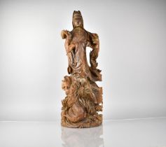 A Large and Heavy Chinese Root Carving of Guanyin with Dragon at Her Feet, Good Detail, 59cm High