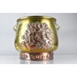 A Brass and Copper Log Bin/Coal Bucket with Heraldic Crest ad Lion Mask Handles, 33.5cms High