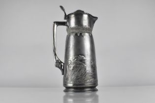 A Large Orovit Lidded Pewter Jug Decorated in Relief with Fox Chasing Ducks and Stag Grazing,