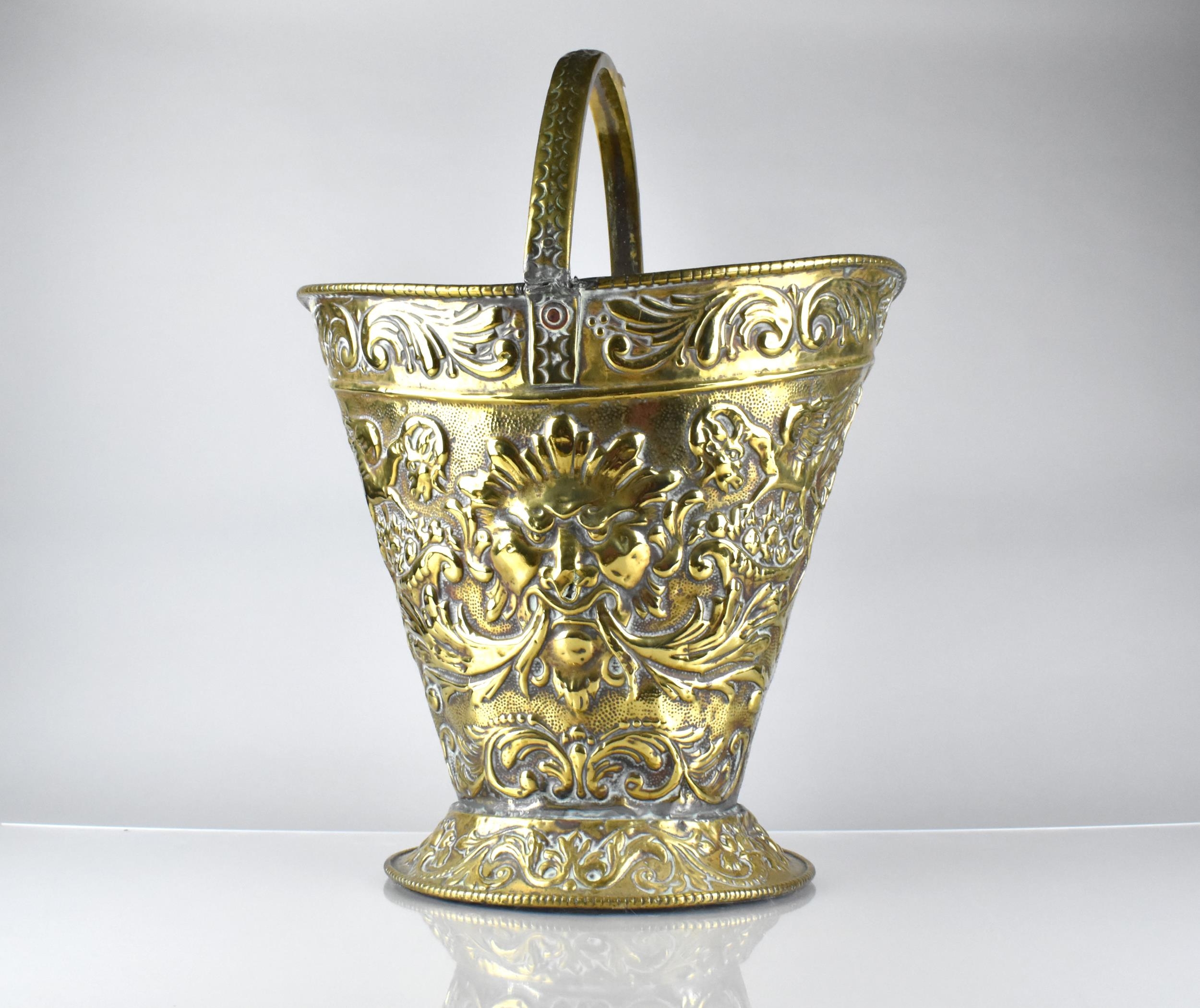 A 19th Century Brass Helmet Shaped Coal Bucket with Classical Embossed Decoration, Incorporating - Image 2 of 3