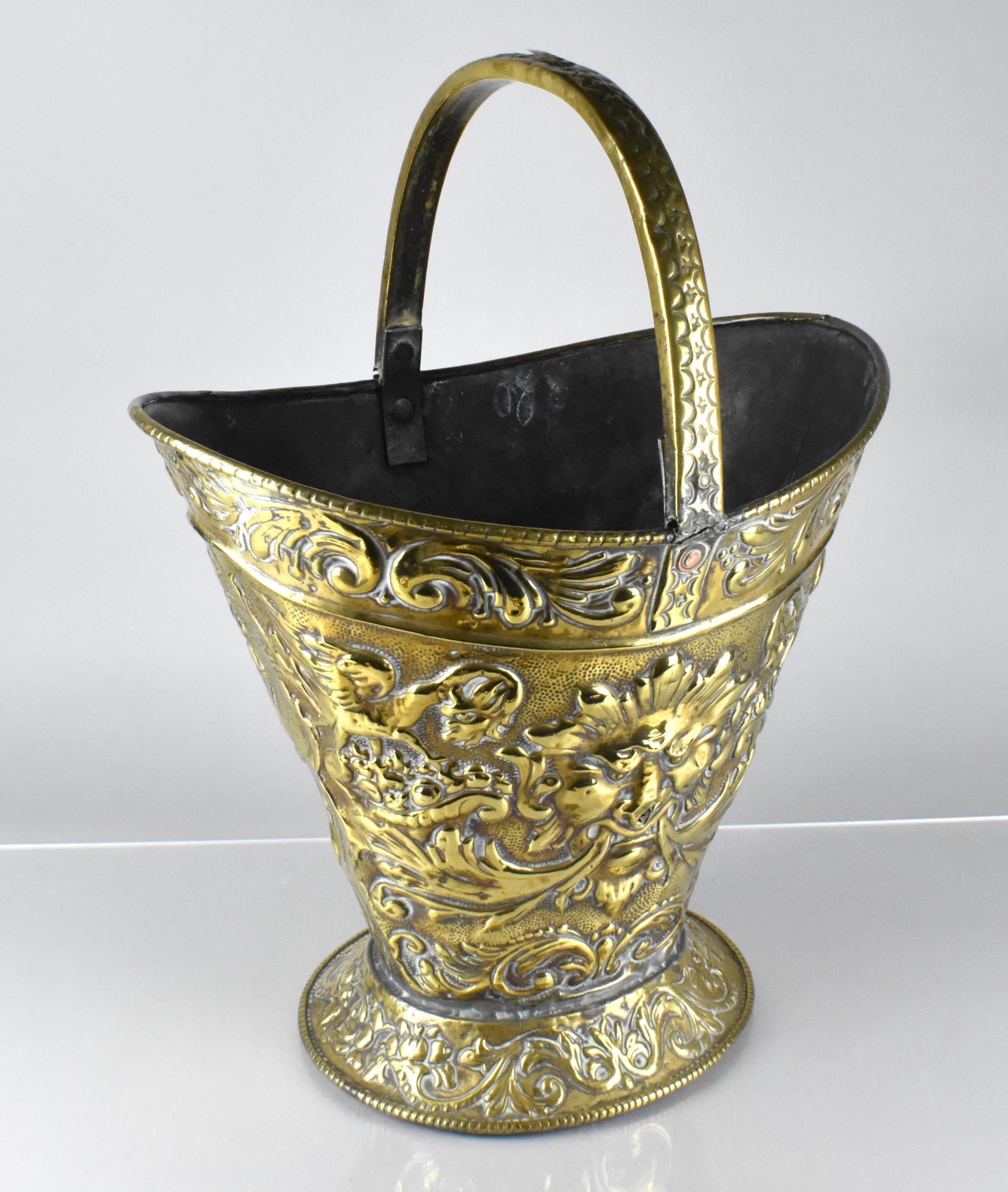A 19th Century Brass Helmet Shaped Coal Bucket with Classical Embossed Decoration, Incorporating - Image 3 of 3