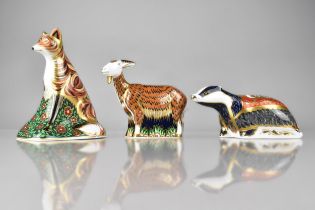 Three Royal Crown Derby Paperweights to Comprise Vixen, Nanny Goat and Moonlight Badger, All With