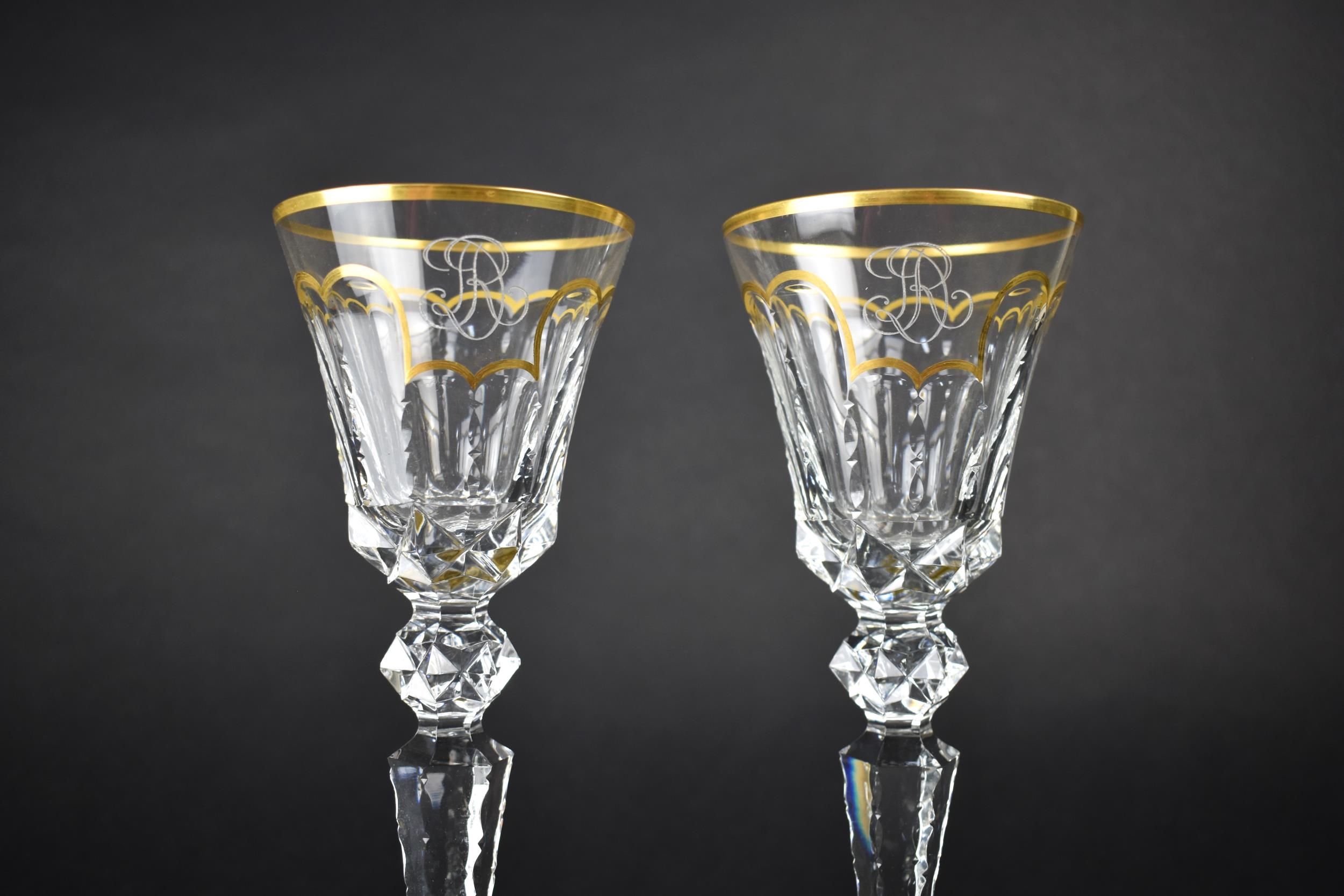 A Pair of St Louis Crystal Wine Glasses, the Facet-Cut Bowls with Gilt Trim and Scalloped Detail, - Image 2 of 3