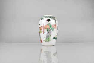 A Chinese Porcelain Famille Verte Jar of Cylindrical Form Decorated with Figures in Exterior