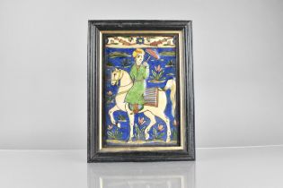 A Framed Persian Qajar Dynasty (18th/19th Century) Polychrome Glazed Pottery Tile Depicting