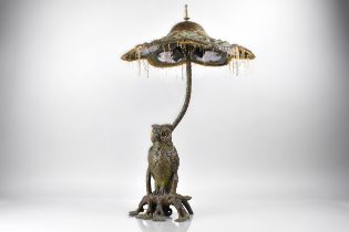 An Early 20th Century Austrian Bronze Table Lamp Modelled with Owl Under Shaped Art Nouveau