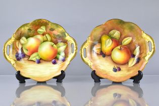 Two Coalport Twin Handled Dishes Hand Painted with Still Life Fruit, Apples, Cherries and