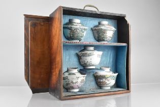A Chinese Late Qing Dynasty or Later Cased Set of Five Porcelain Famille Rose 'Landscape' Tea