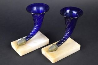 A Pair Of Victorian Blue Glass Cornucopia Vases, Each Mounted With Acorns on Alabaster Rectangular