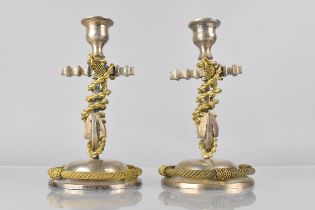 A Pair of Silver Plated 'Foul Anchor' Candlesticks on Domed Rope Bound Bases, 18.5cm high