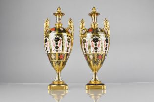 A Pair of Royal Crown Derby Imari Pattern Twin Handled Pedestal Vases, 31cm High