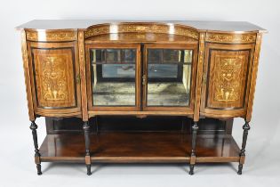 A Pretty Edwardian Inlaid Rosewood Sideboard having Glazed Centre Section Flanked by Bow Fronted